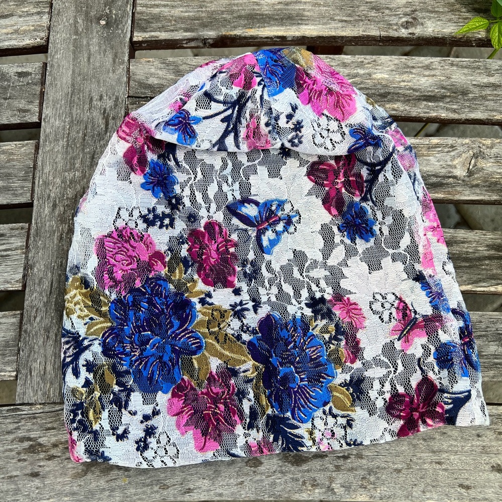 Pink and Blue Floral Lace Slouchy Beanie
